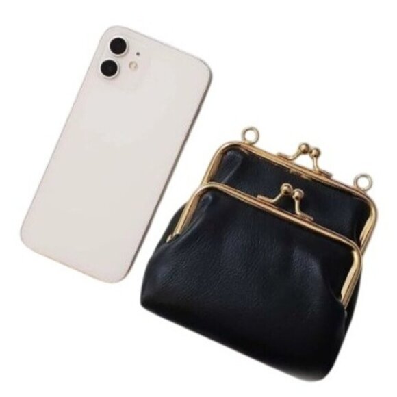 Double Kisslock Pearl crossbody strap vegan leather Black handbag - Picture 4 of 6